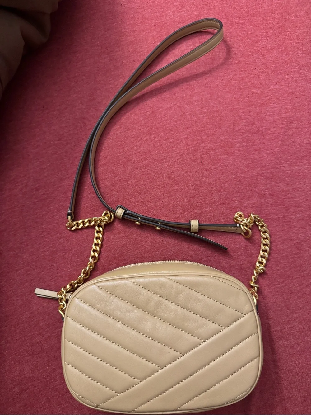 Tory Burch Beige Quilted Leather Crossbody with Gold Chain